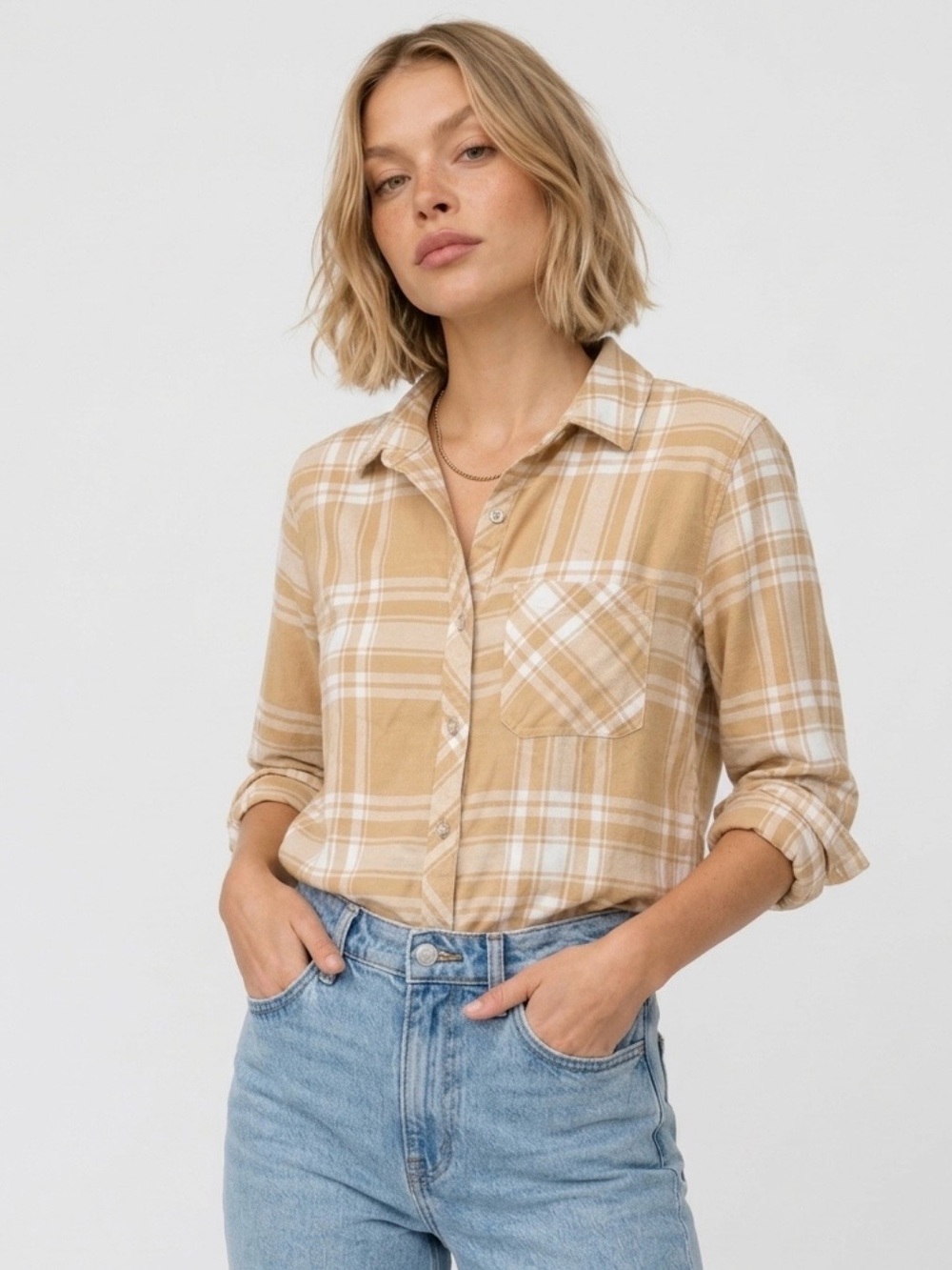 GAP Beige and White Plaid Women's Button-Down Shirt